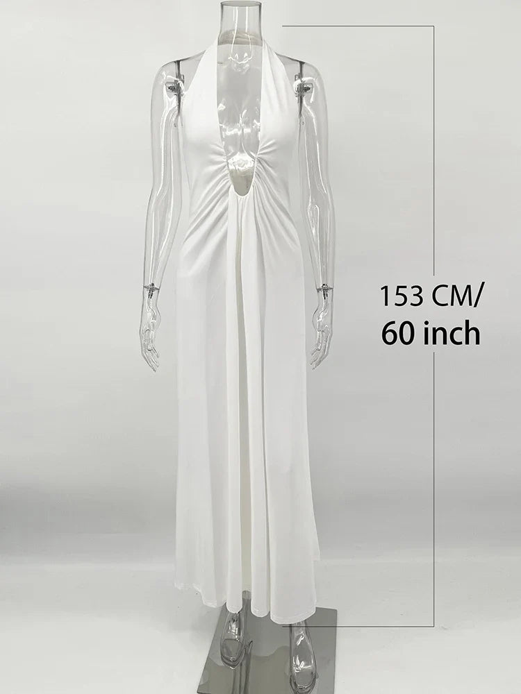TARUXY Deep V Neck Halter Long Dress Female Elegant Ruched Ribbon Splice Summer New Vacation Dress Sexy Slim Sleeveless Vestido by Urban Fashion Icon