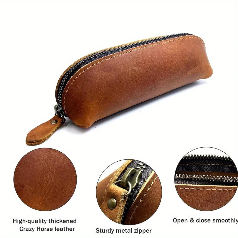 Vintage Leather Pencil Bag Simple Stationery Hoder Pen Case Storage
