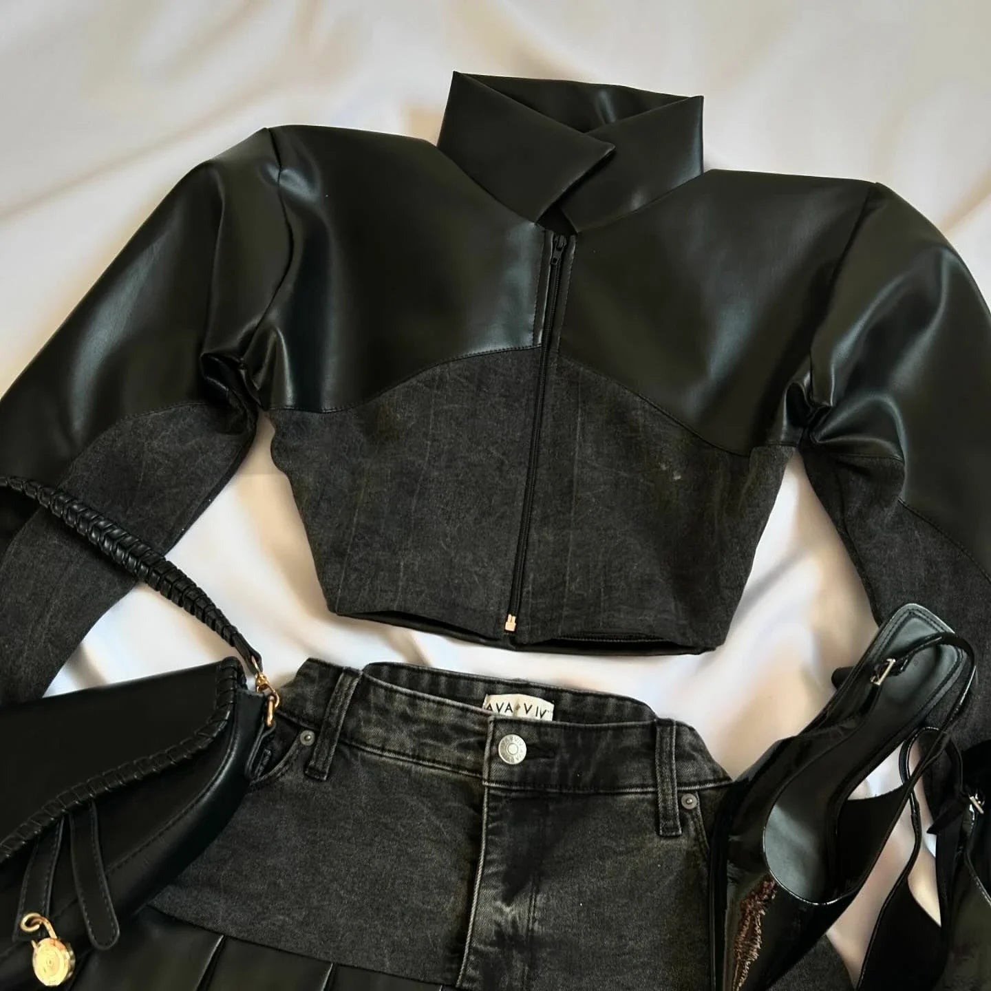 Y2K Leather Spliced Denim Black Two Piece Set Women Harajuku Gothic Long Sleeve Zipper Jacket Mini Pleated Skirt Autumn Jacket by Urban Fashion Icon