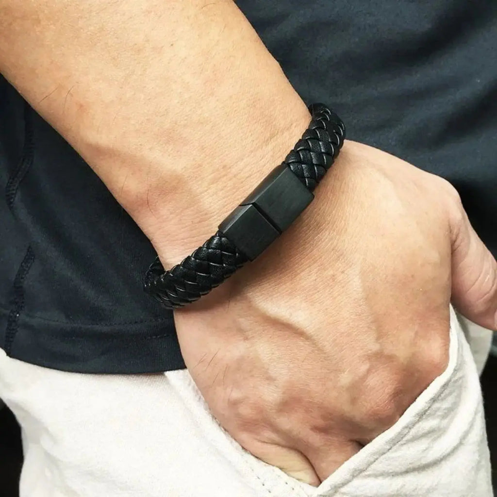 Retro Men's Leather Open Bangle, Simple Multi-Size Woven Leather Hand