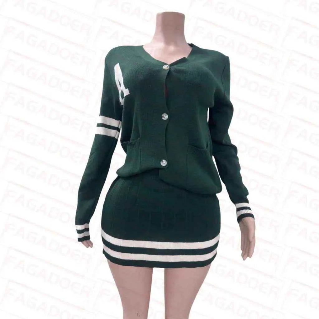 Knit Stripe Two-Piece Cardigan Top and Pleated Skirt Set