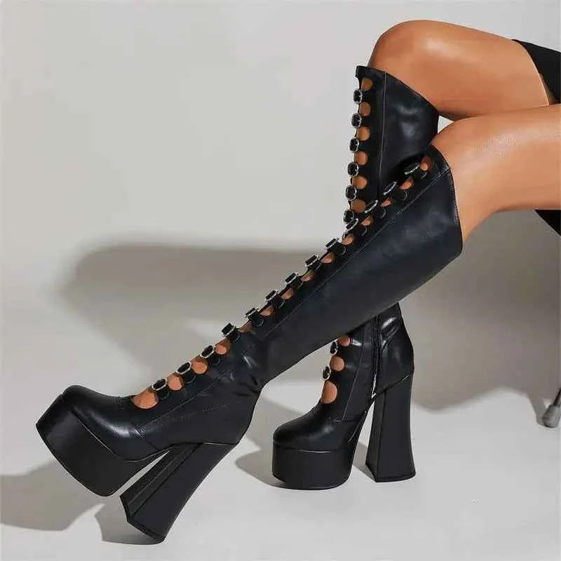 Punk Style Knee High Hollow Boots