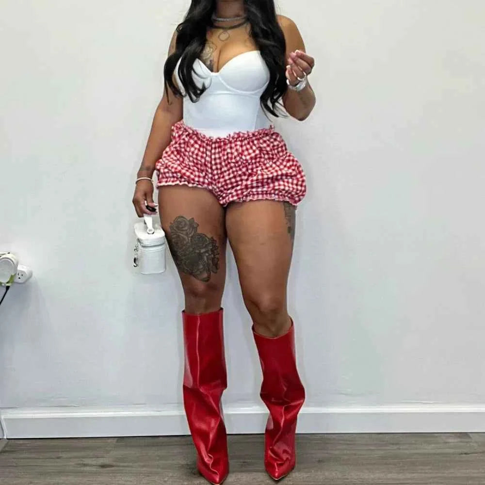 Sweet Plaid Print Ruched Shorts Two Piece-Set