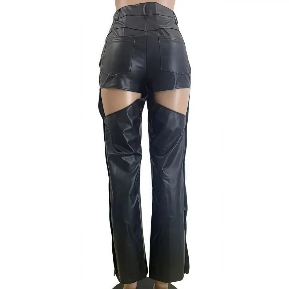 Leather Peek a boo Hollow Button Pants