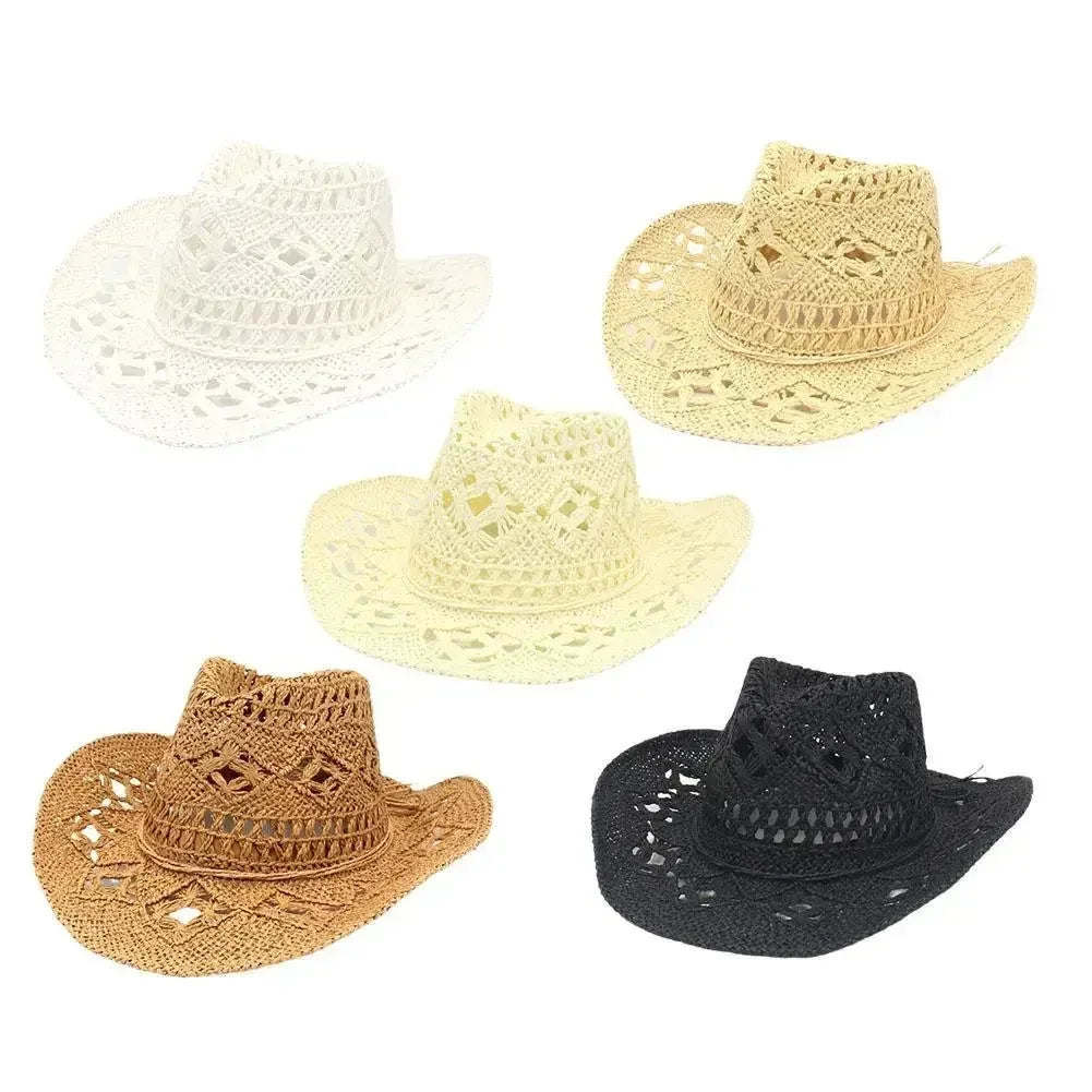 Summer Outdoor Men Women Hand-woven Western Cowboy Straw Hats Wide Brim Breathable Beach Jazz Cap Sun Protection Hat (Copy)