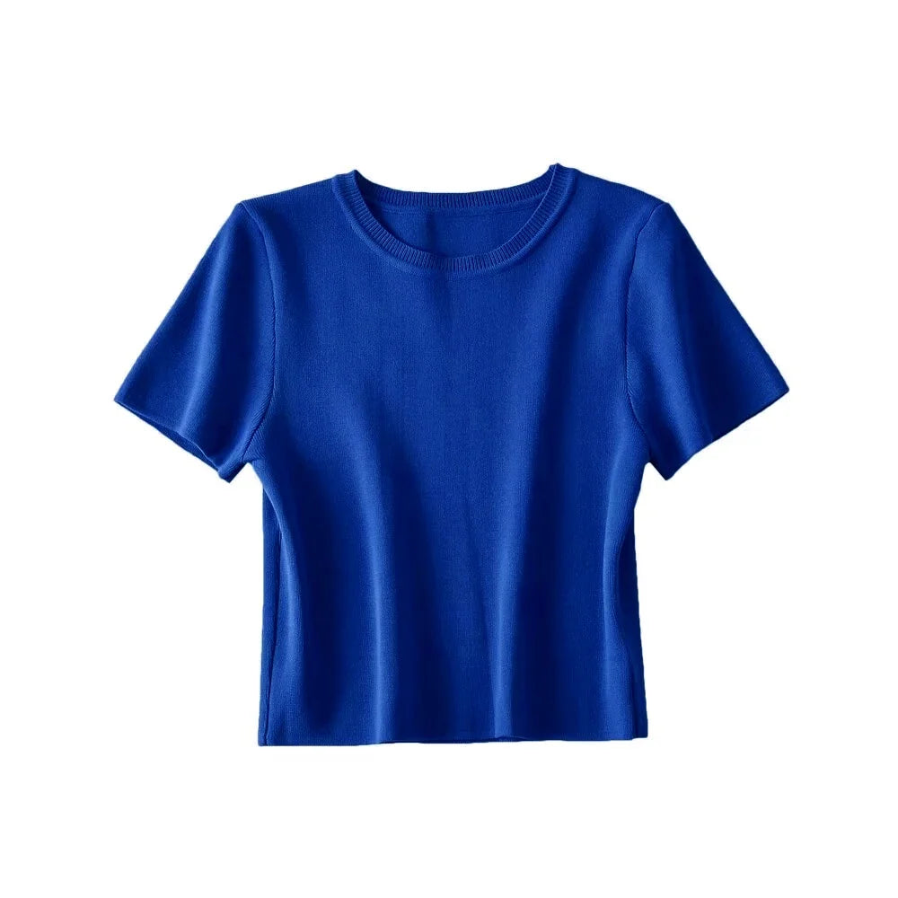 Women Fashion Striped Basic Cropped Knit Sweater Vintage O Neck Short Sleeve Female Pullovers Chic Tops by Urban Fashion Icon