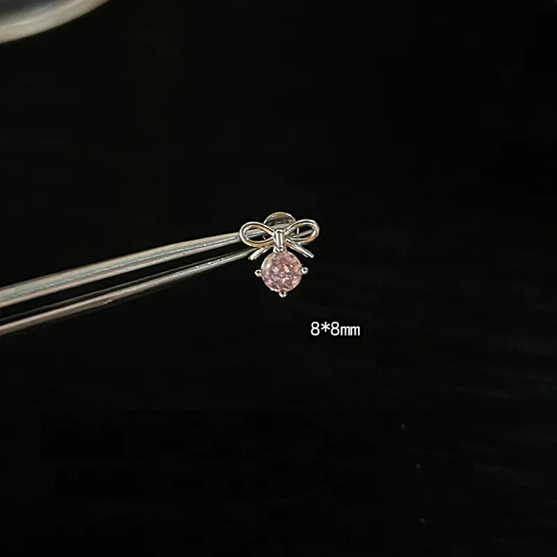 1 PCS Pink Bowknot Shiny Ear Bone Nail 316L Stainless Steel Korean Style Zircon Crystal Earring Women Y2K Cute Cochlea Jewelry