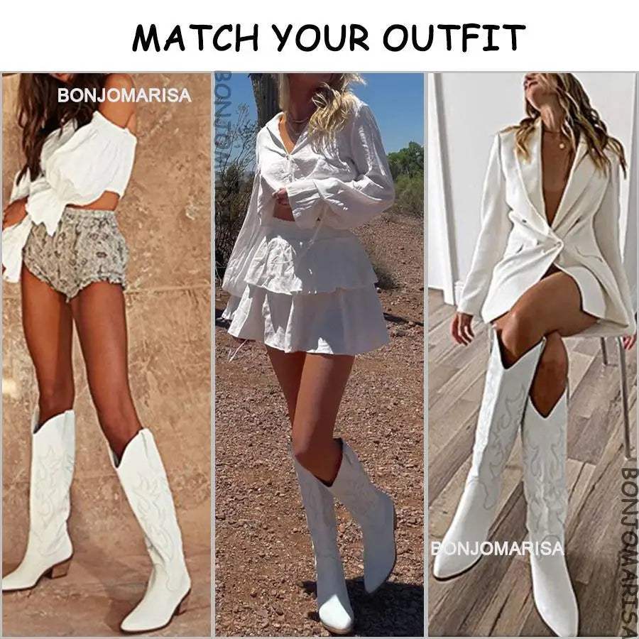 Plus Size 45 Women's Embroidered Western Knee-High Boots Cowboy Cowgirl Boots