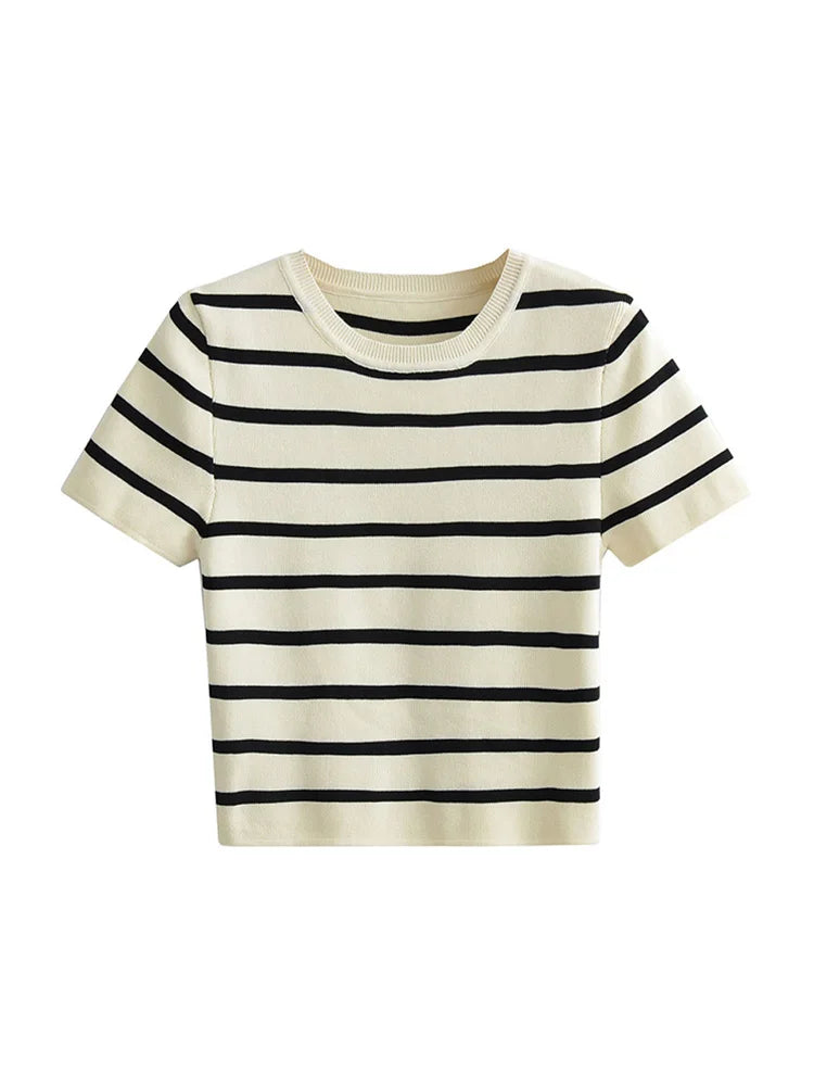 Women Fashion Striped Basic Cropped Knit Sweater Vintage O Neck Short Sleeve Female Pullovers Chic Tops by Urban Fashion Icon