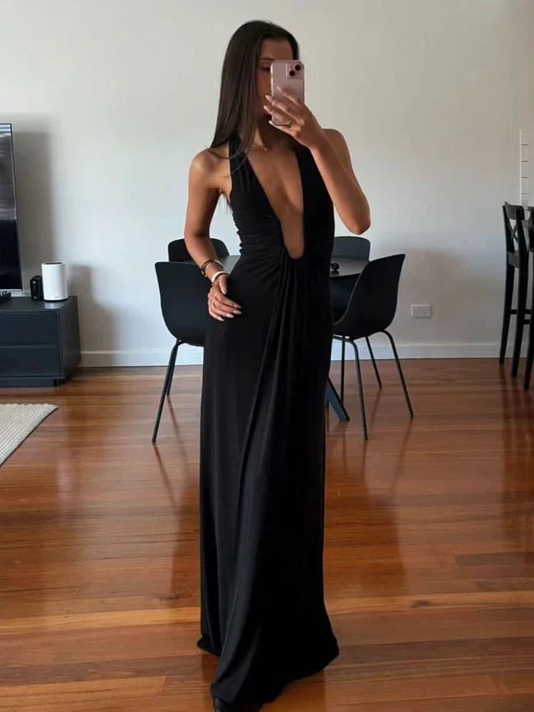 TARUXY Deep V Neck Halter Long Dress Female Elegant Ruched Ribbon Splice Summer New Vacation Dress Sexy Slim Sleeveless Vestido by Urban Fashion Icon