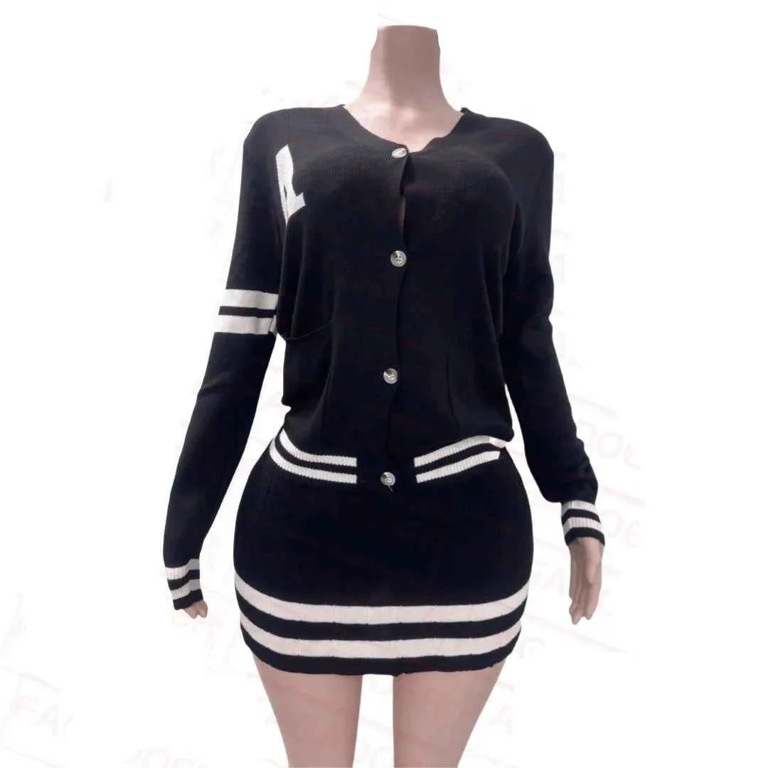 Knit Stripe Two-Piece Cardigan Top and Pleated Skirt Set