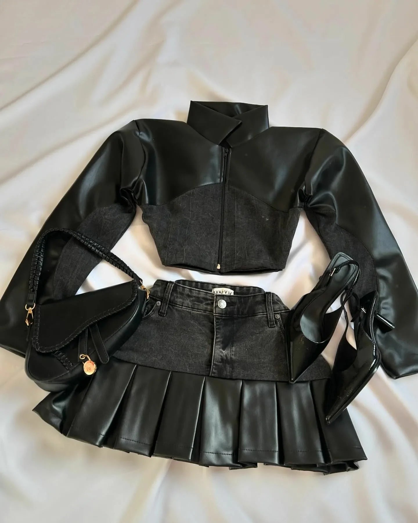 Y2K Leather Spliced Denim Black Two Piece Set Women Harajuku Gothic Long Sleeve Zipper Jacket Mini Pleated Skirt Autumn Jacket by Urban Fashion Icon