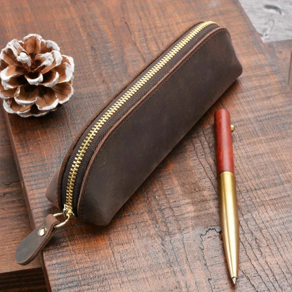 Vintage Leather Pencil Bag Simple Stationery Hoder Pen Case Storage