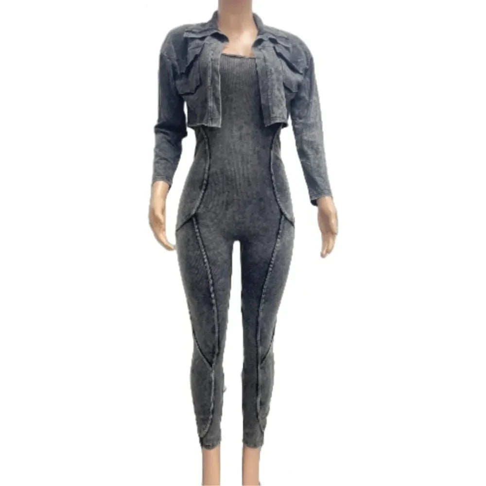 Ribbed Long Sleeve Crop Jacket + Bodycon Jumpsuit