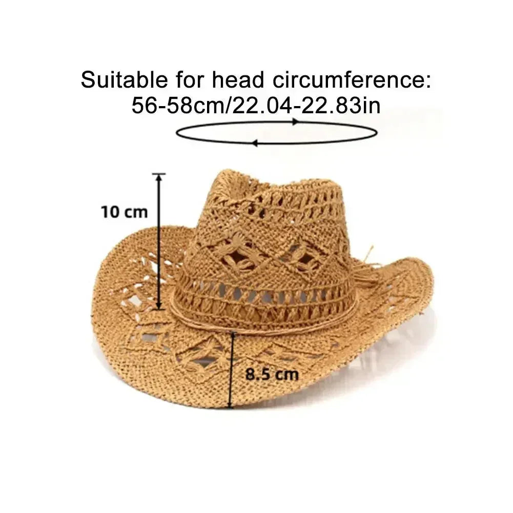 Summer Outdoor Men Women Hand-woven Western Cowboy Straw Hats Wide Brim Breathable Beach Jazz Cap Sun Protection Hat (Copy)