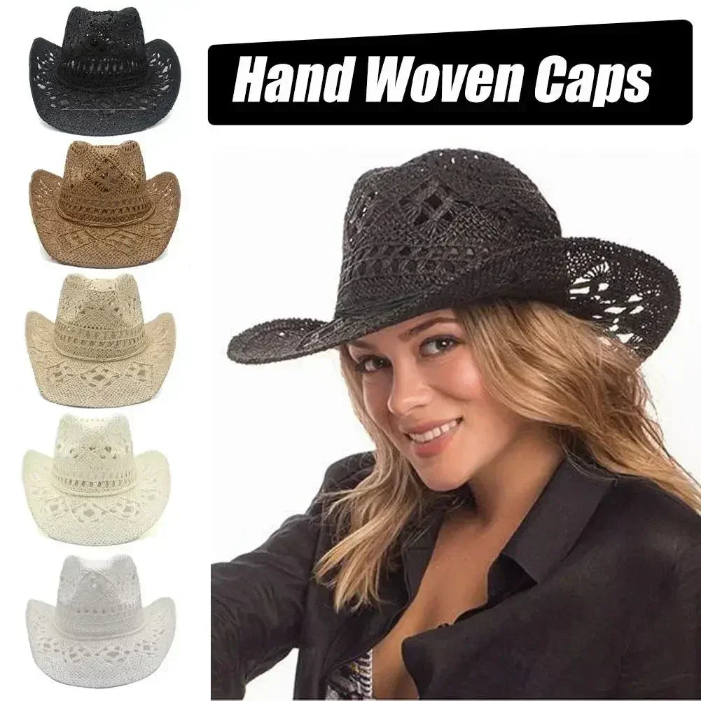 Summer Outdoor Men Women Hand-woven Western Cowboy Straw Hats Wide Brim Breathable Beach Jazz Cap Sun Protection Hat (Copy)
