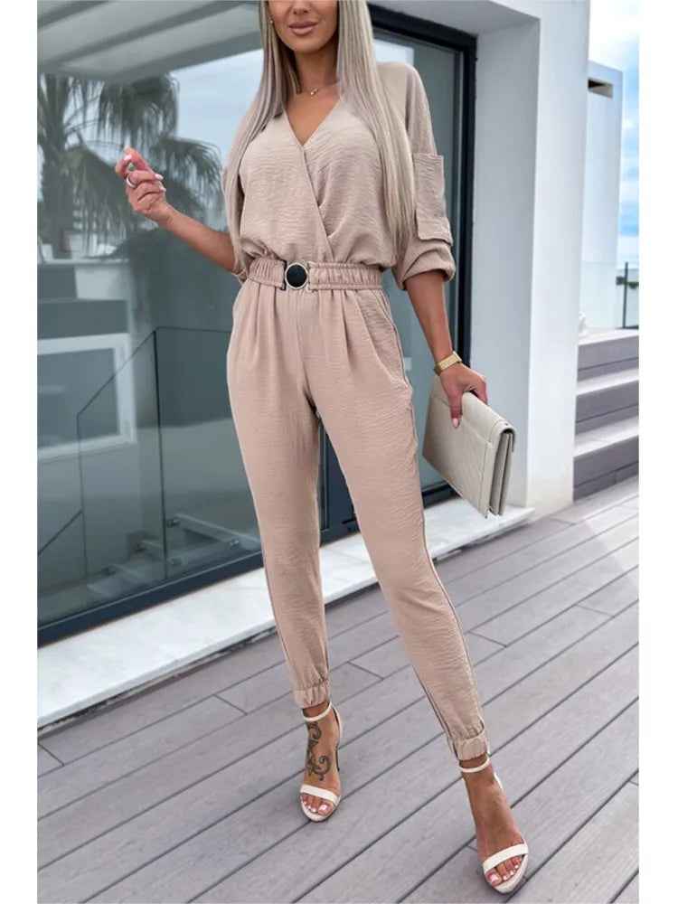 Autumn Jumpsuit Women Solid Color V-Neck Belt Pocket High Waist
