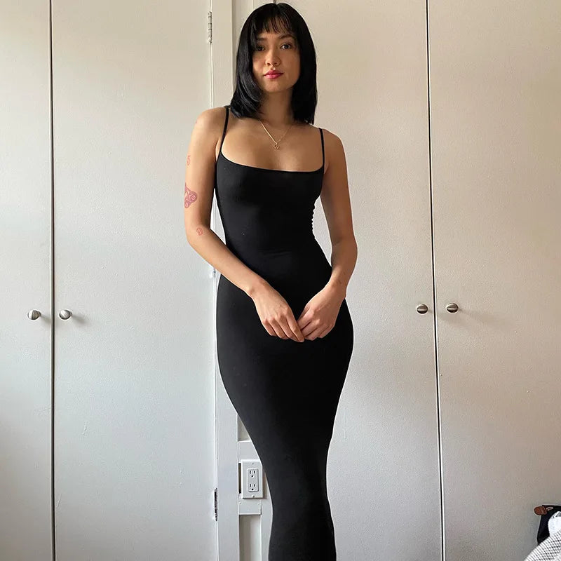 Spaghetti Strap Black Long Sleeveless Skinny Bodycon Dress Y2k by nowadaysfashion