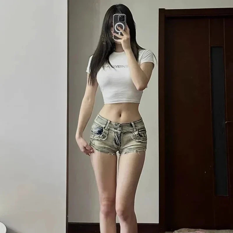 Skinny Denim Shorts Women High Street Y2k Clothes Low-Rise Trousers Sexy Vintage Hotsweet European Fashion Hip-wrapped Summer by Urban Fashion Icon
