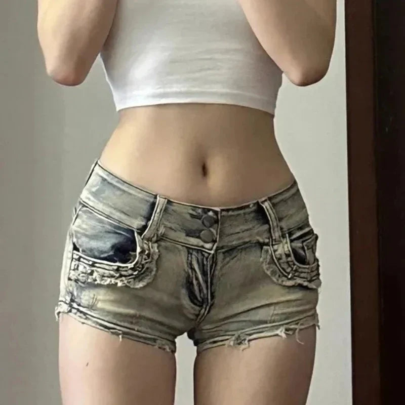 Skinny Denim Shorts Women High Street Y2k Clothes Low-Rise Trousers Sexy Vintage Hotsweet European Fashion Hip-wrapped Summer by Urban Fashion Icon