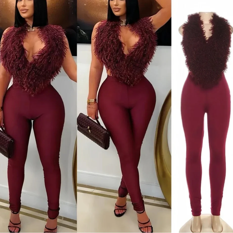 Furry Me Halter Backless Crop Top and Pants Set