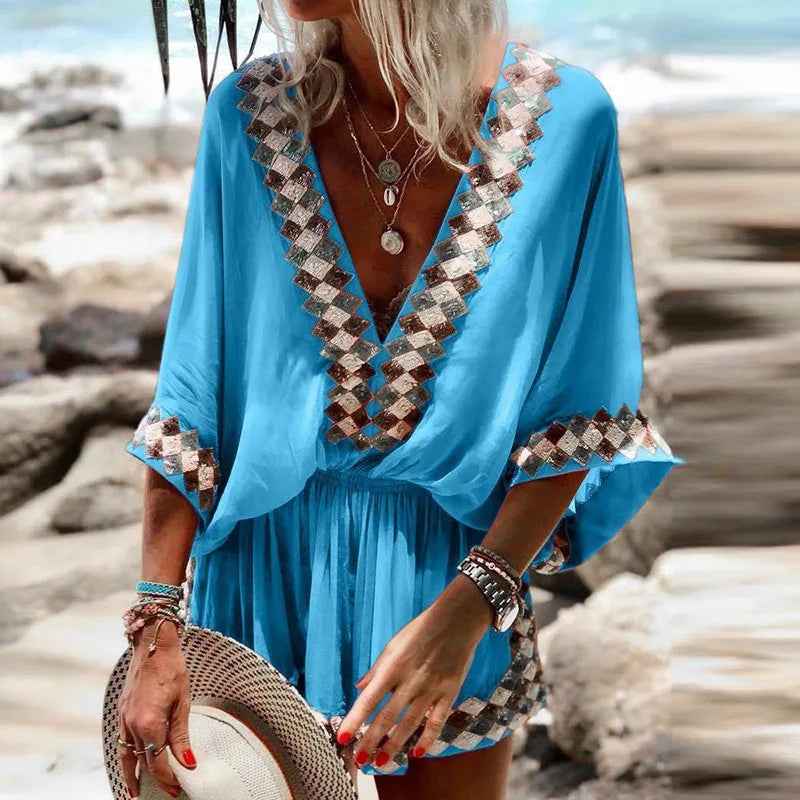 Sexy v Neck Bohemian Print Jumpsuit Office Lady Summer Casual Short Wide Leg Jumpsuits for Women 2023 Colorful One Piece Rompers
