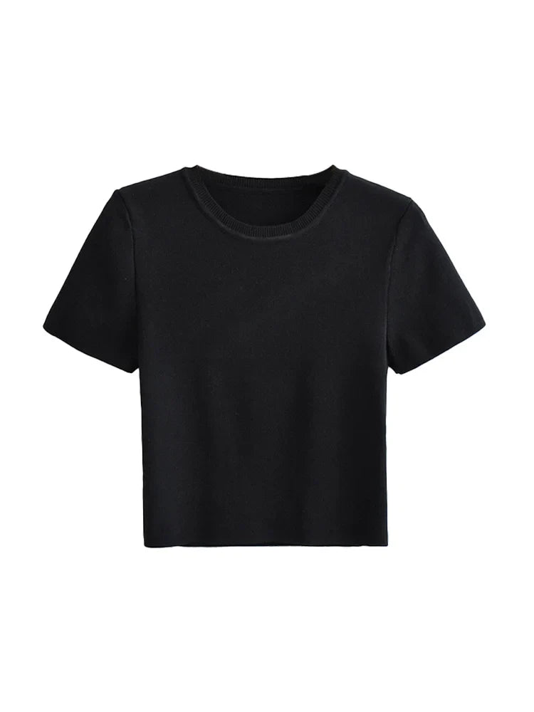 Women Fashion Striped Basic Cropped Knit Sweater Vintage O Neck Short Sleeve Female Pullovers Chic Tops by Urban Fashion Icon