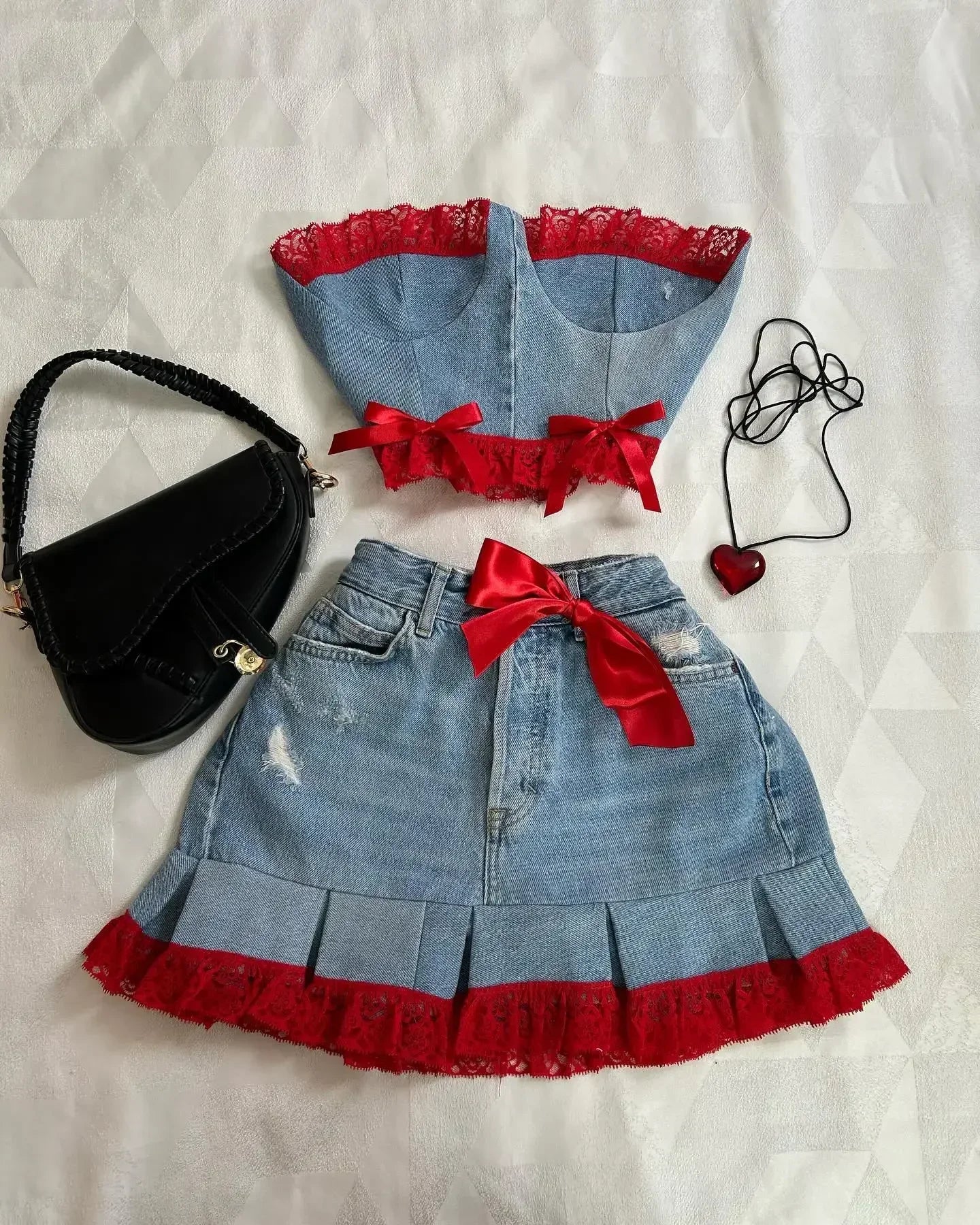 Y2K Leather Spliced Denim Black Two Piece Set Women Harajuku Gothic Long Sleeve Zipper Jacket Mini Pleated Skirt Autumn Jacket by Urban Fashion Icon
