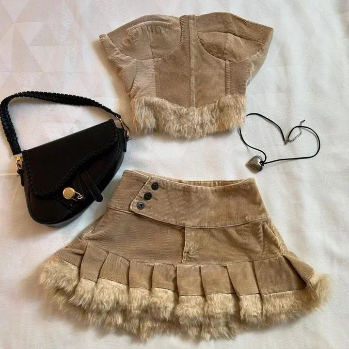 Y2K Leather Spliced Denim Black Two Piece Set Women Harajuku Gothic Long Sleeve Zipper Jacket Mini Pleated Skirt Autumn Jacket by Urban Fashion Icon
