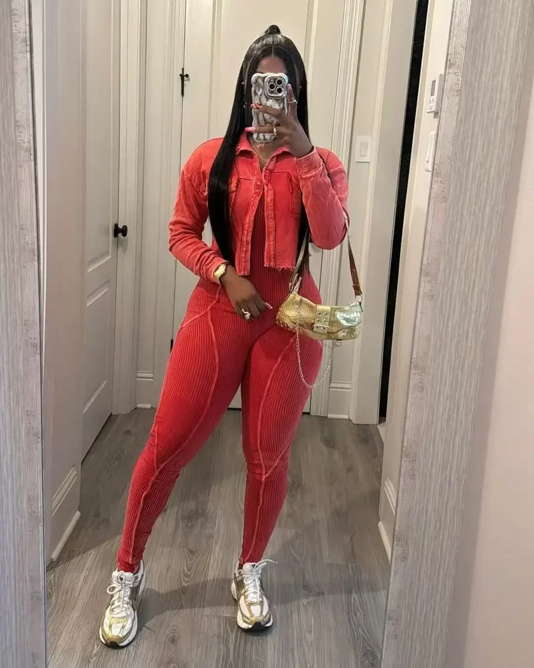 Ribbed Long Sleeve Crop Jacket + Bodycon Jumpsuit