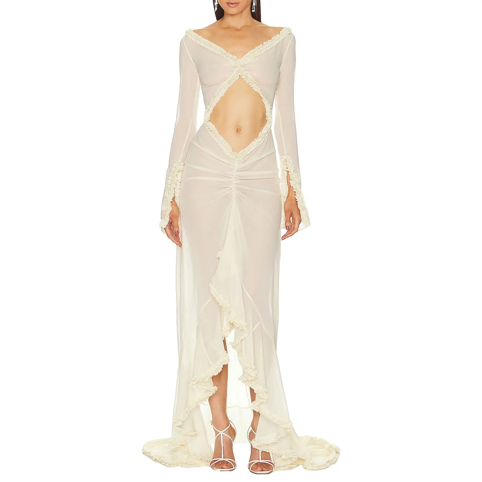 Gaono Sexy Women's Babydoll Lingerie Long Sleeve V Neck Chemise Mesh Nightwear Long Gown Frill Trim Sheer Nighty Dress by Urban Fashion Icon