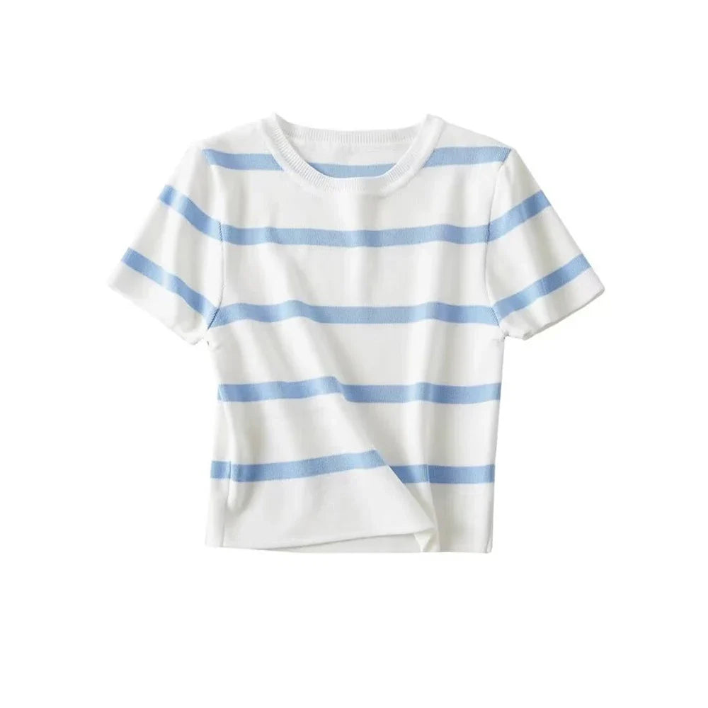 Women Fashion Striped Basic Cropped Knit Sweater Vintage O Neck Short Sleeve Female Pullovers Chic Tops by Urban Fashion Icon