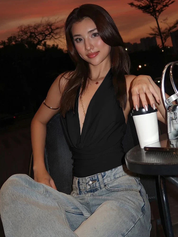 Nibber Swing Collar Vests Women Backless Halter Folds Skinny Street Versatile Daily Fashion Sexy Summer Temperament Mini Tops by Urban Fashion Icon