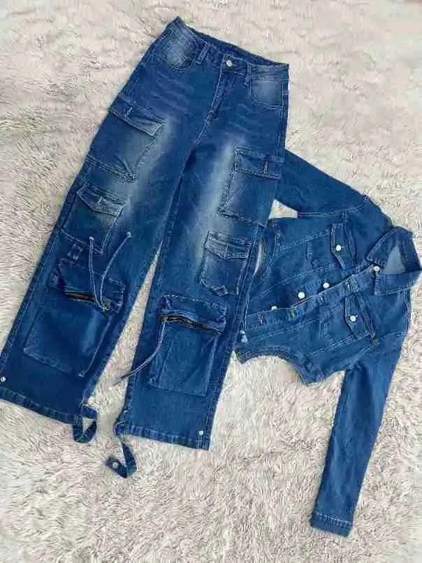 Denim Cropped Two-Piece Pant Set