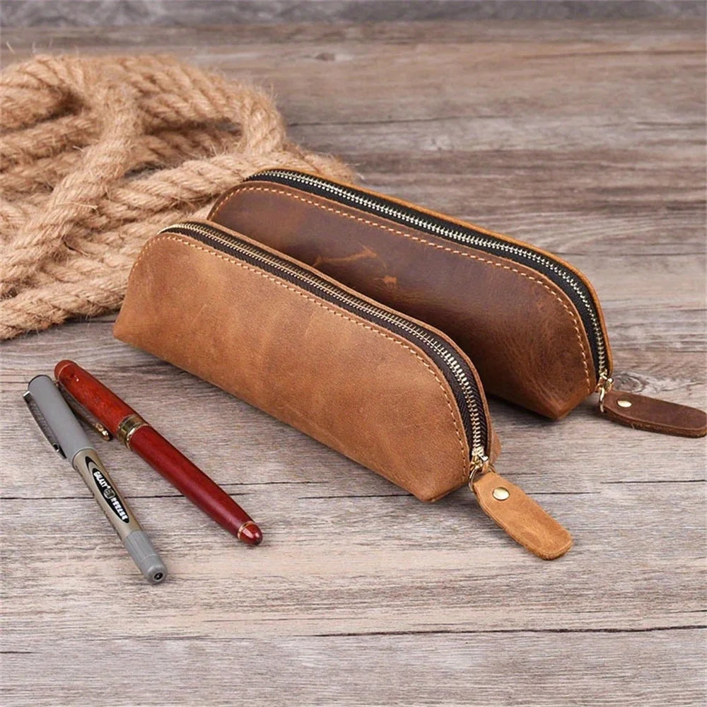 Vintage Leather Pencil Bag Simple Stationery Hoder Pen Case Storage