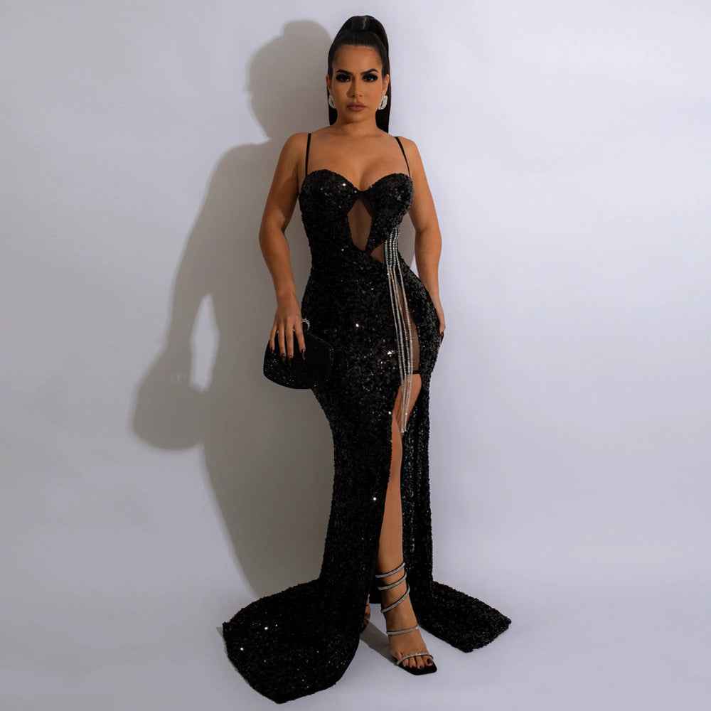 Sequined Tassel High Side Slit Maxi
