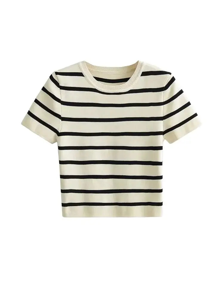 Women Fashion Striped Basic Cropped Knit Sweater Vintage O Neck Short Sleeve Female Pullovers Chic Tops by Urban Fashion Icon