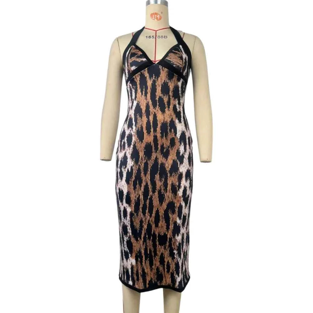 Leopard Print V-Neck Sleeveless Midi Dress