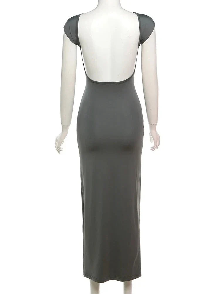 Elegant Short Sleeve Bodycon Maxi Dress O-neck Backless Lady Dresses by nowadaysfashion