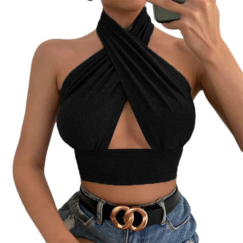 y2k Halter Top Women Summer Clothes Solid Color Sleeveless Backless Vest T Shirt 2000s Aesthetic Clothing Streetwear by Urban Fashion Icon