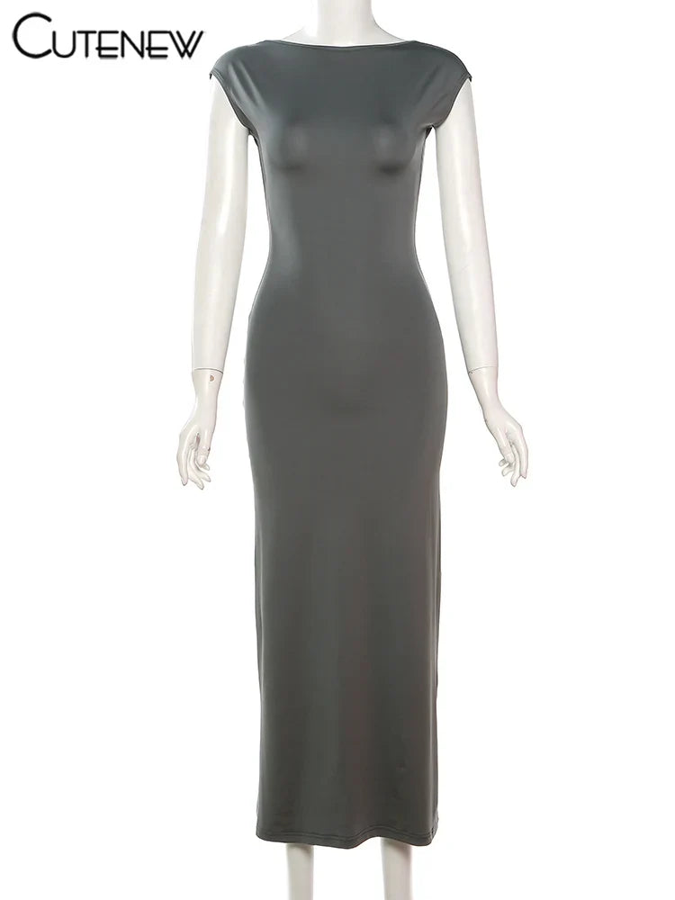 Elegant Short Sleeve Bodycon Maxi Dress O-neck Backless Lady Dresses by nowadaysfashion