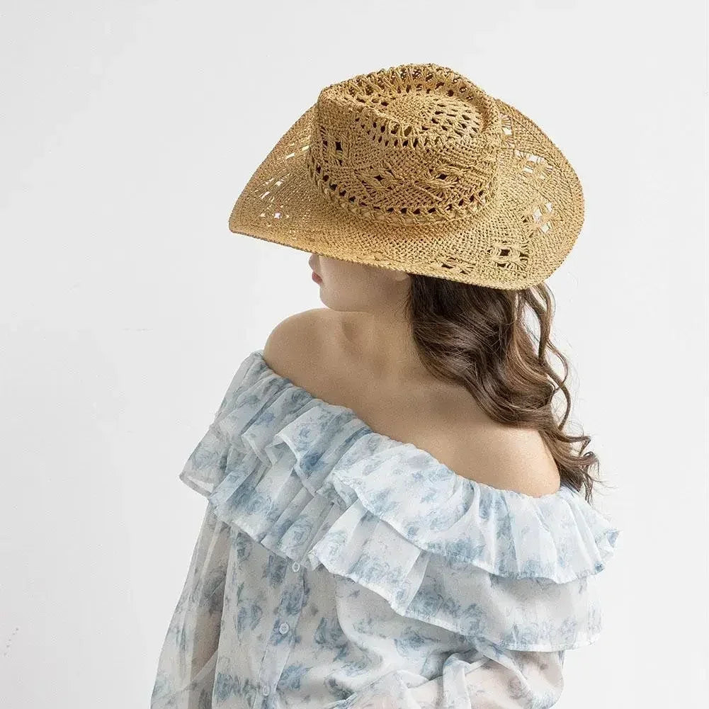 Summer Outdoor Men Women Hand-woven Western Cowboy Straw Hats Wide Brim Breathable Beach Jazz Cap Sun Protection Hat (Copy)