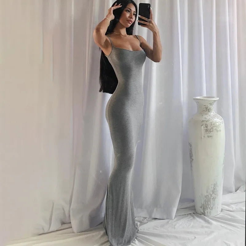 Spaghetti Strap Black Long Sleeveless Skinny Bodycon Dress Y2k by nowadaysfashion