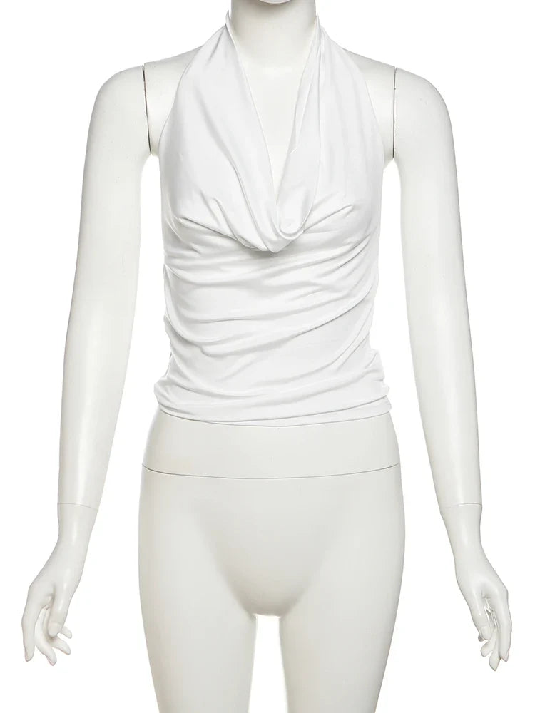 Nibber Swing Collar Vests Women Backless Halter Folds Skinny Street Versatile Daily Fashion Sexy Summer Temperament Mini Tops by Urban Fashion Icon