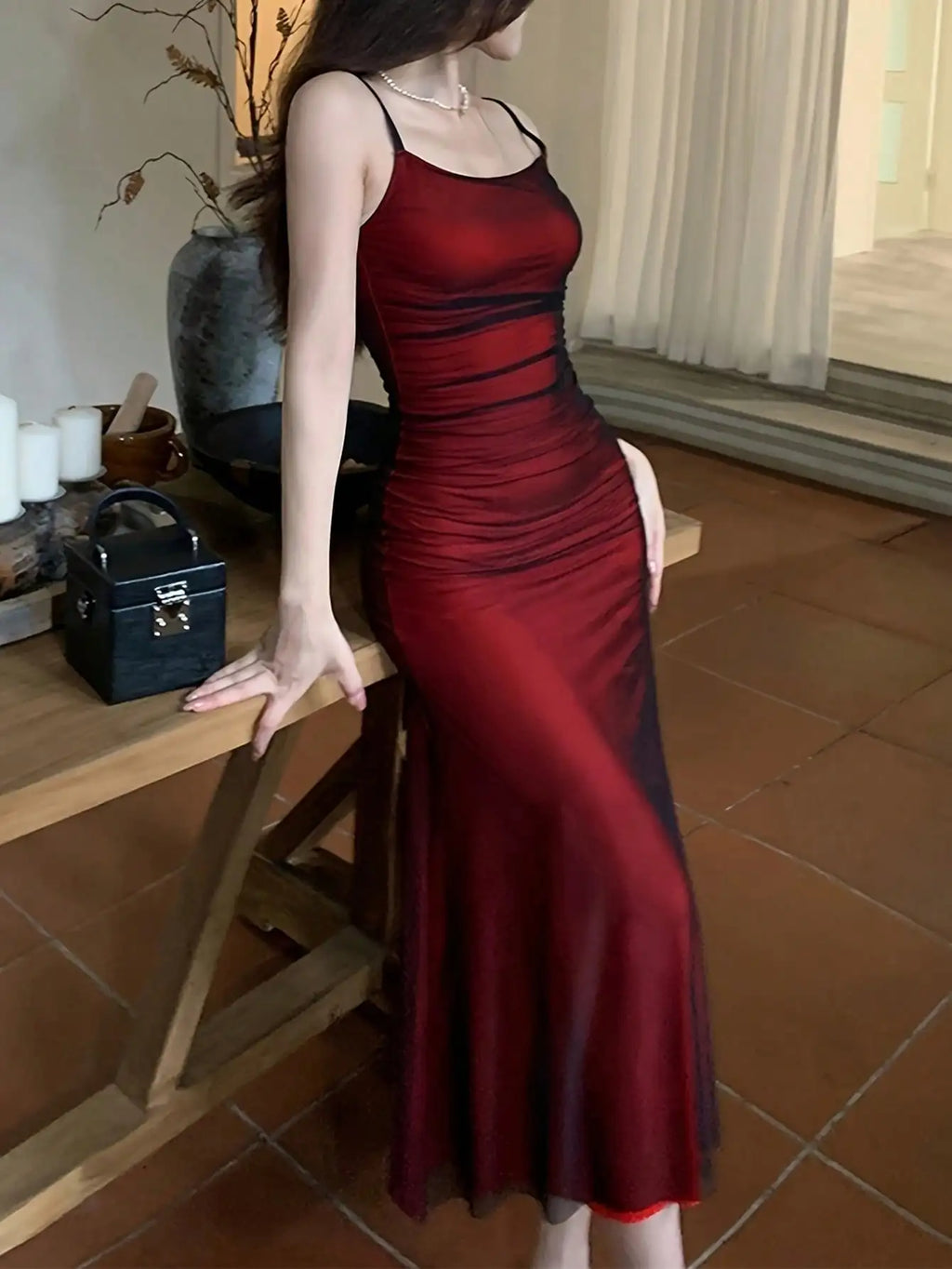 Elegant Camisole Red off Shoulder Sleeveless Pleated Skirt for Women's Slim fit Long Dress summer beach vacation party dress by Urban Fashion Icon
