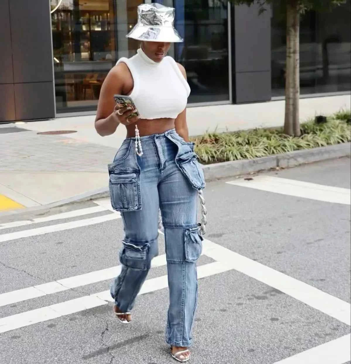 High Waist Stretchy Cargo Jeans