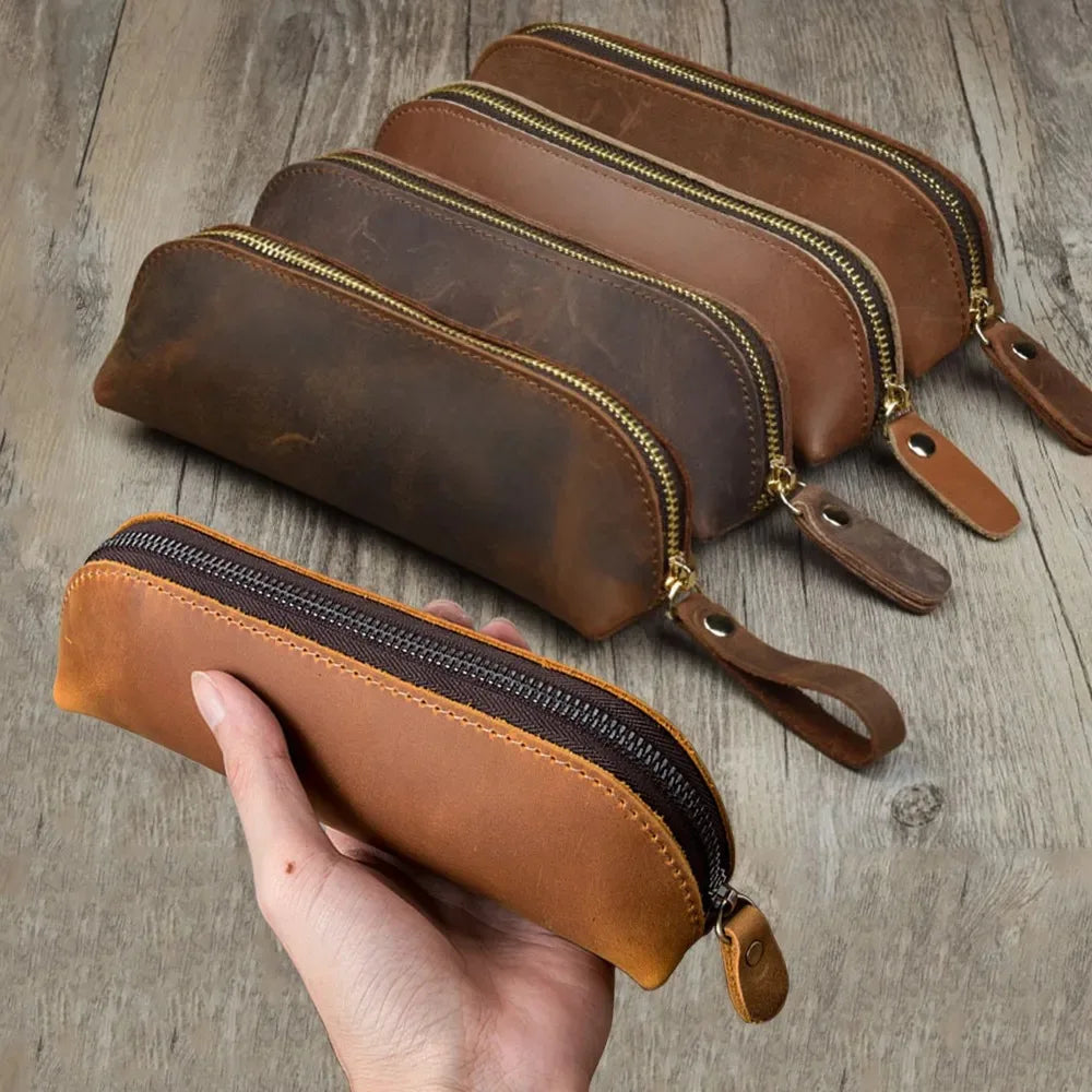 Vintage Leather Pencil Bag Simple Stationery Hoder Pen Case Storage