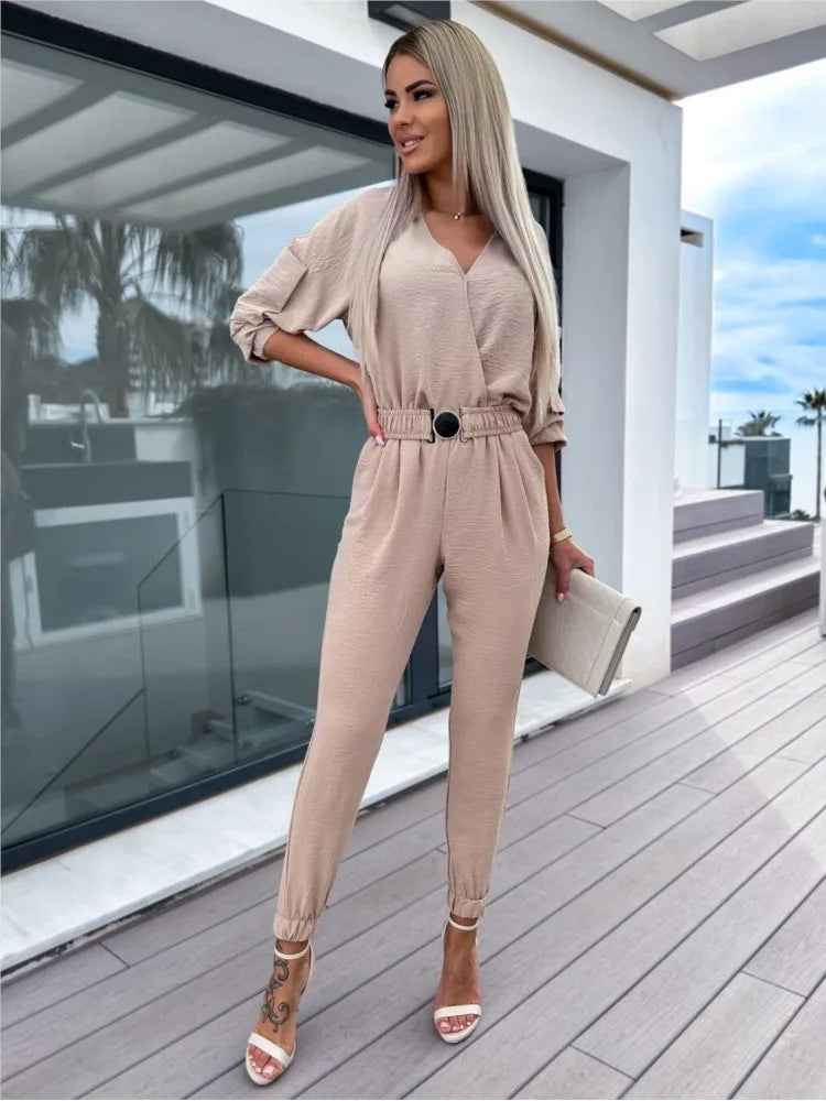 Autumn Jumpsuit Women Solid Color V-Neck Belt Pocket High Waist