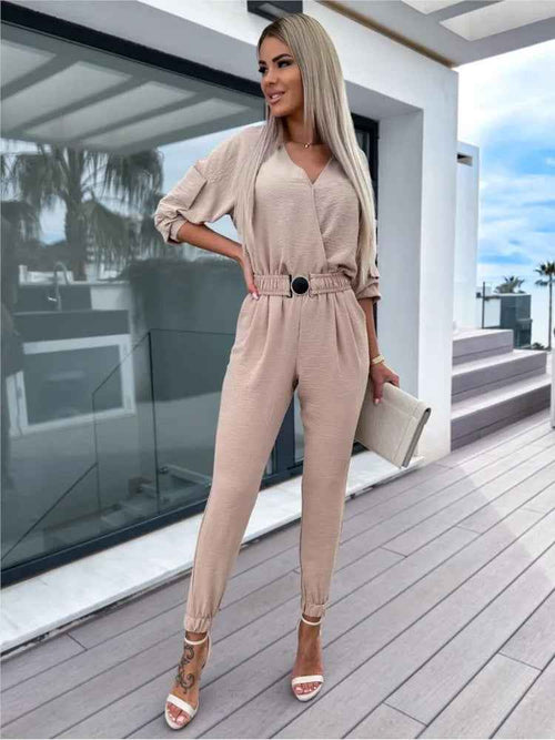 Autumn Jumpsuit Women Solid Color V-Neck Belt Pocket High Waist by Wild and Free Boutique