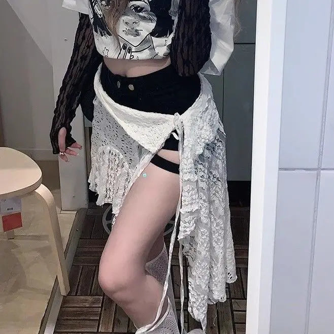 Skirts Women Solid Hollow Out Chic Lace-up Design Streetwear Daily Sweet Spicy Girls Layering Trendy Harajuku Popular Summer by Urban Fashion Icon
